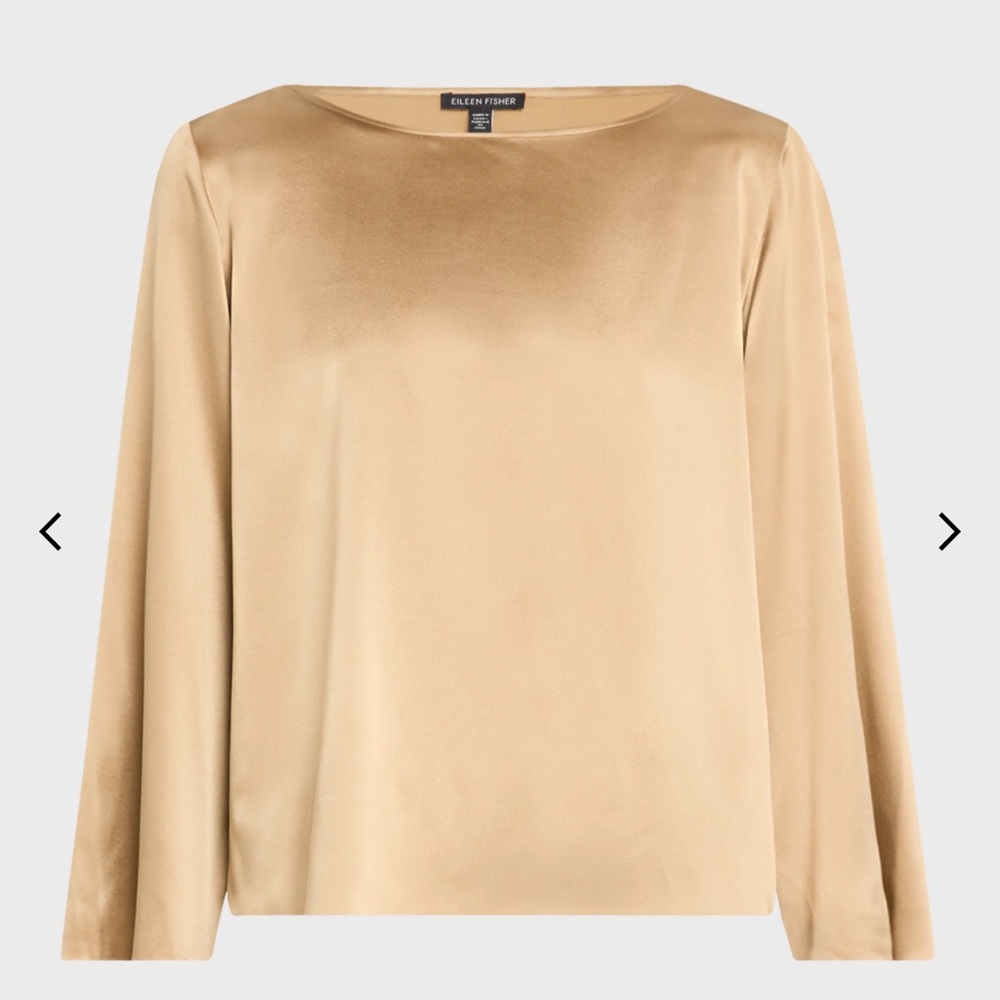 Eileen Fisher Bateau-Neck Silk Charmeuse Top -Gold/Biscuit NWOT